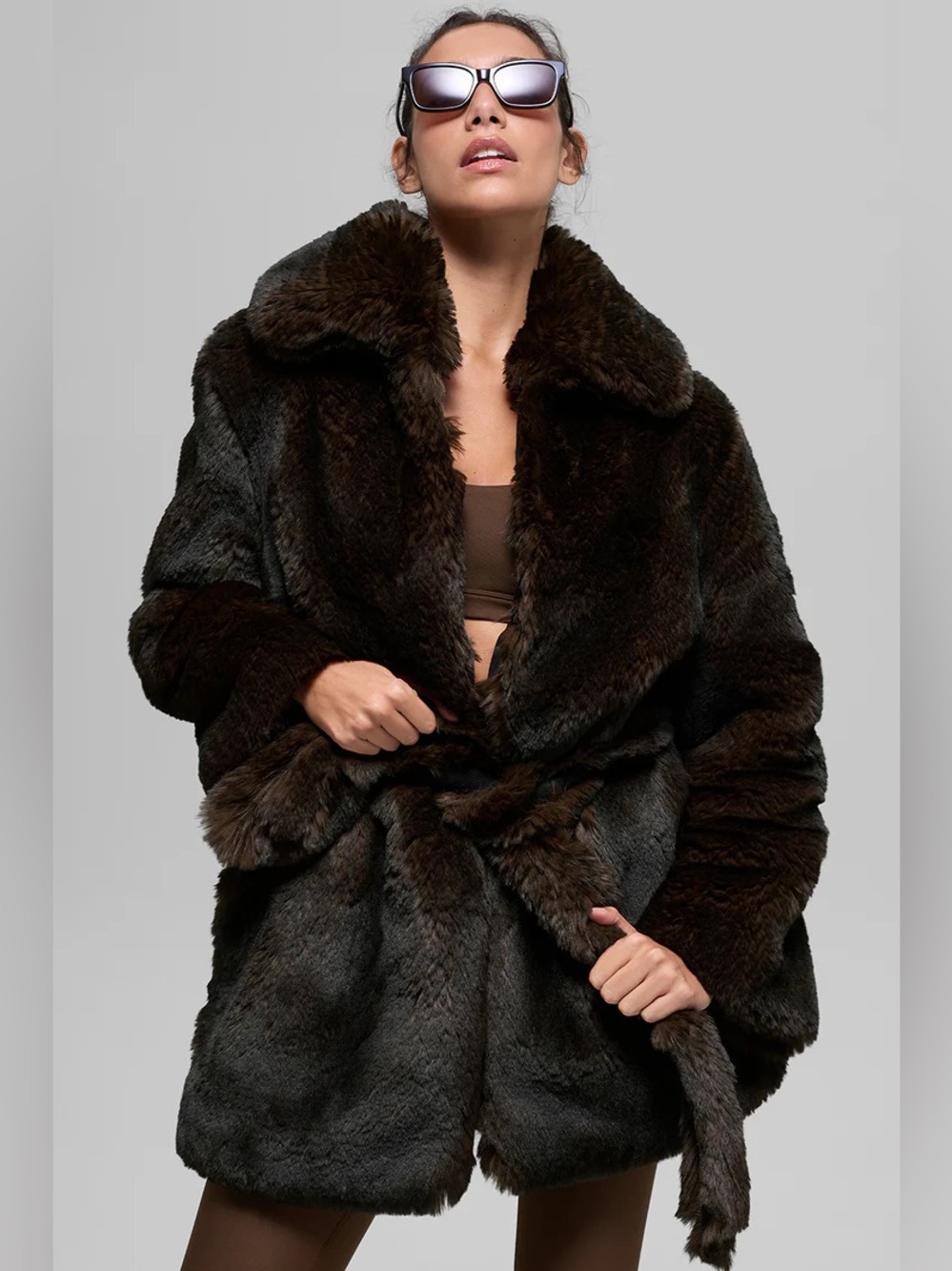 NWT ALO Yoga Faux Fur Belted Starstruck Coat Jacket S Midnight Brown/ Black